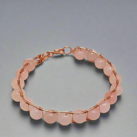 Handmade Rose Quartz Wire Wrapped Bracelet Copper Tone Healing Jewelry - Picture 1 of 6